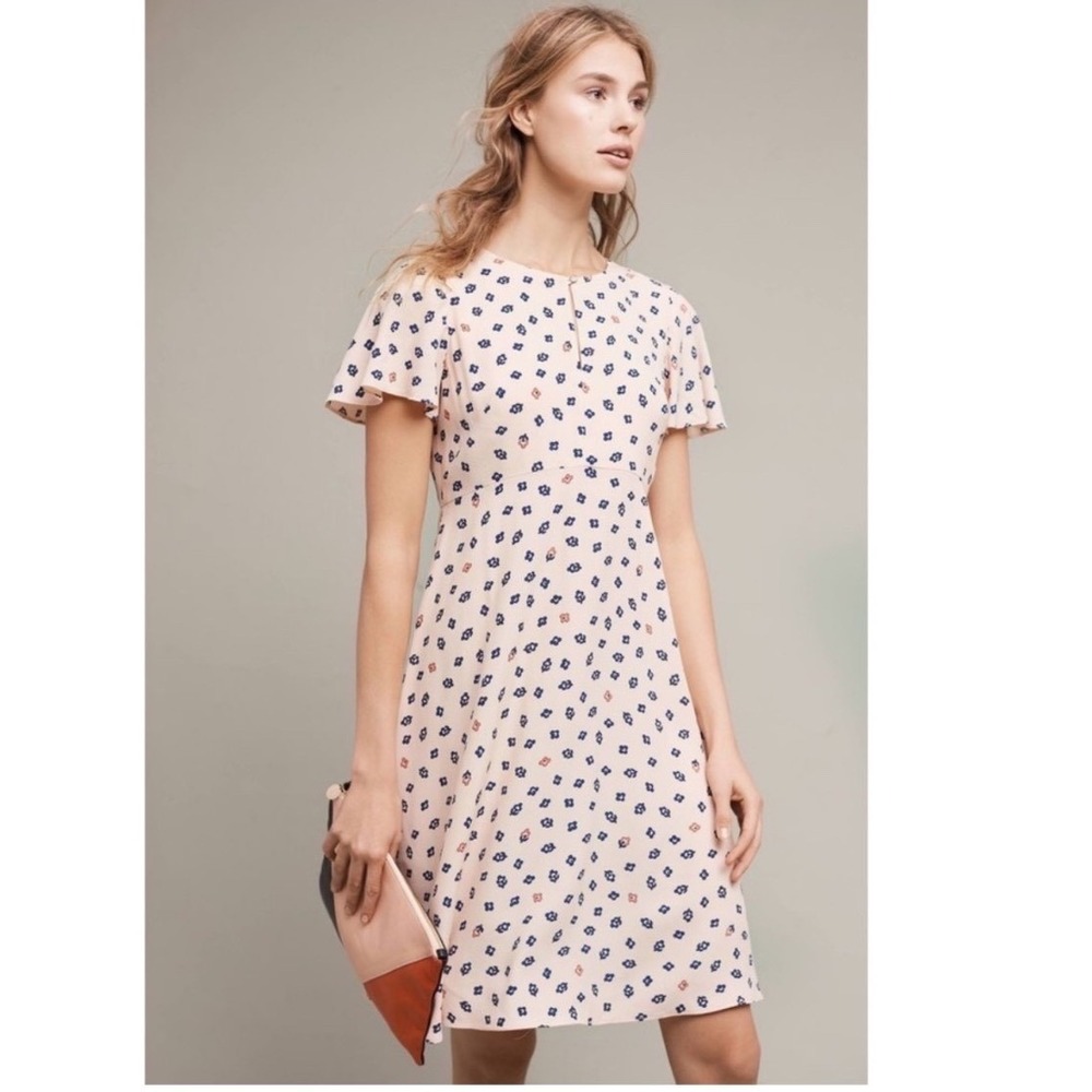 Maeve Anthropologie Geoplanes Peach Pink Floral Fit Flare Midi Dress Size 0